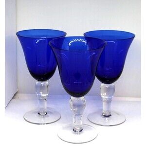 3 Vtg Wine Glasses Cobalt Blue Clear Ball Stems Hand Blown Water Goblets